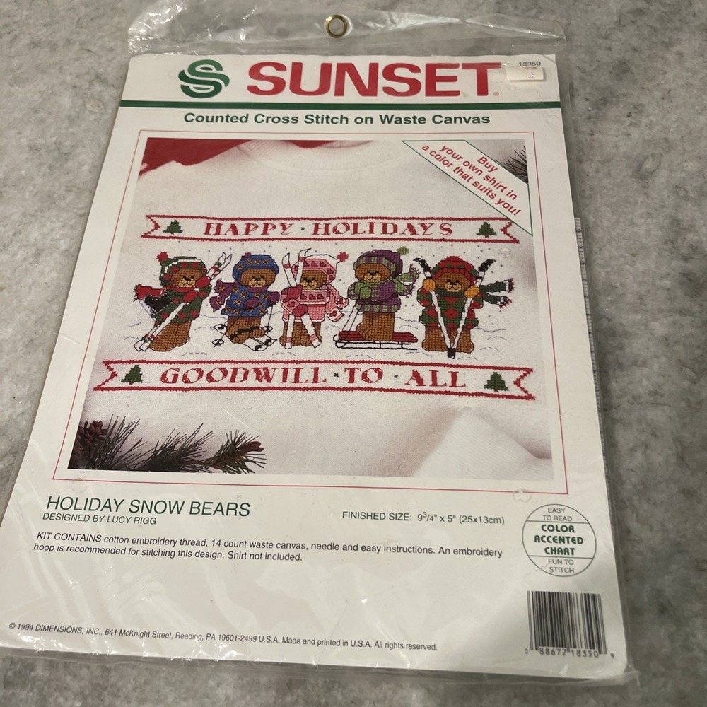 NEW Sunset Counted Cross Stitch Kit 18350 Holiday Snow Bears Complete Christmas